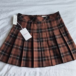 Aritzia Sunday Best Plaid Checkered Skater Mini Skirt Warm Brown NWT